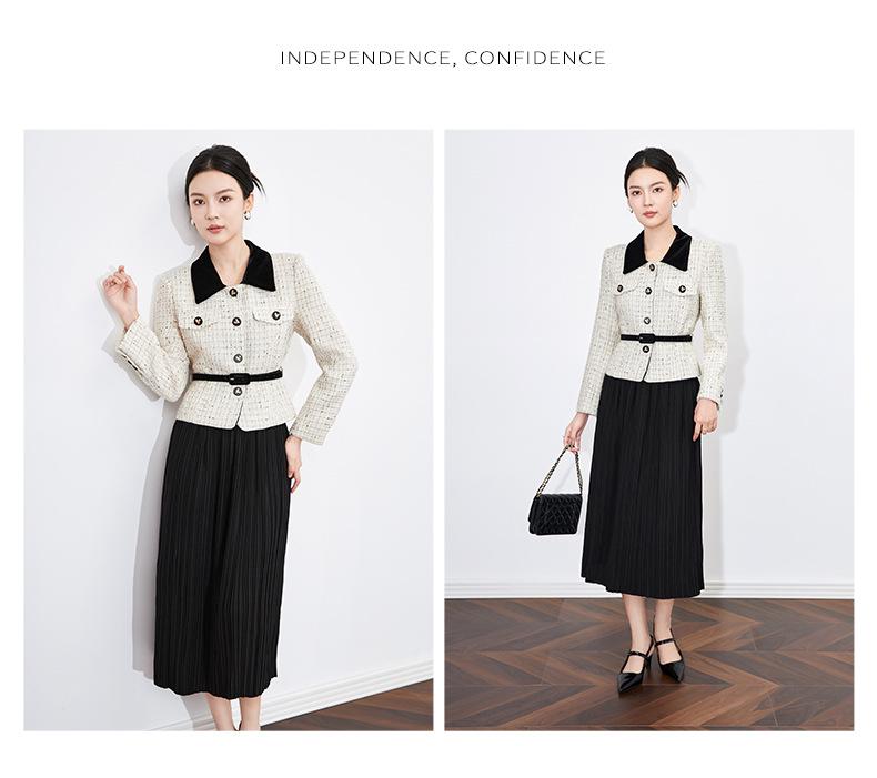 French Light Luxury Sequin Tweed Jacket + Pleated Midi Skirt Set