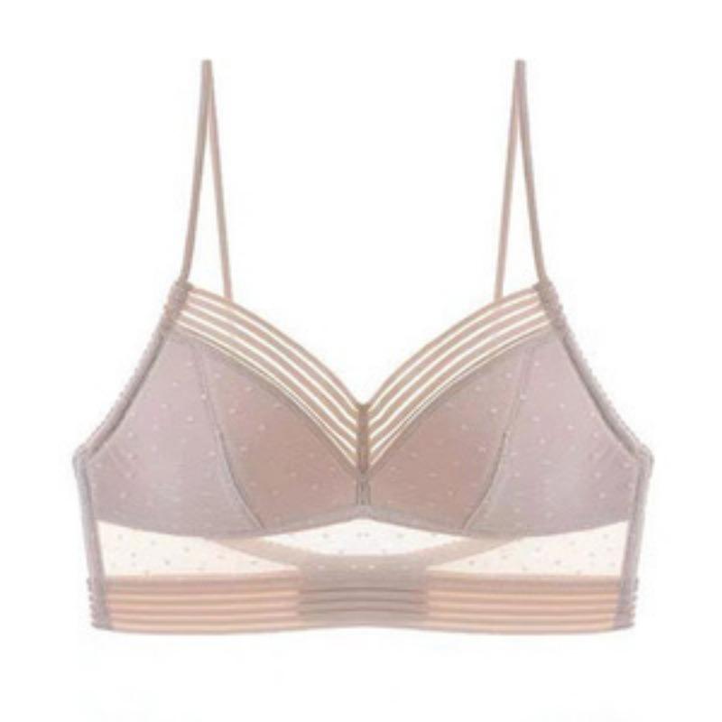 Women Bra See-through Mesh Back Closure Striped Spaghetti Strap Breast Support Padded U-shaped Back Brassiere Inner Wear Clothes