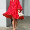 Cross Border Solid V-neck Embroidered Hollow Lace Dress
