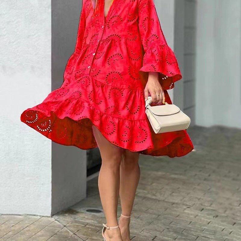 Cross Border Solid V-neck Embroidered Hollow Lace Dress