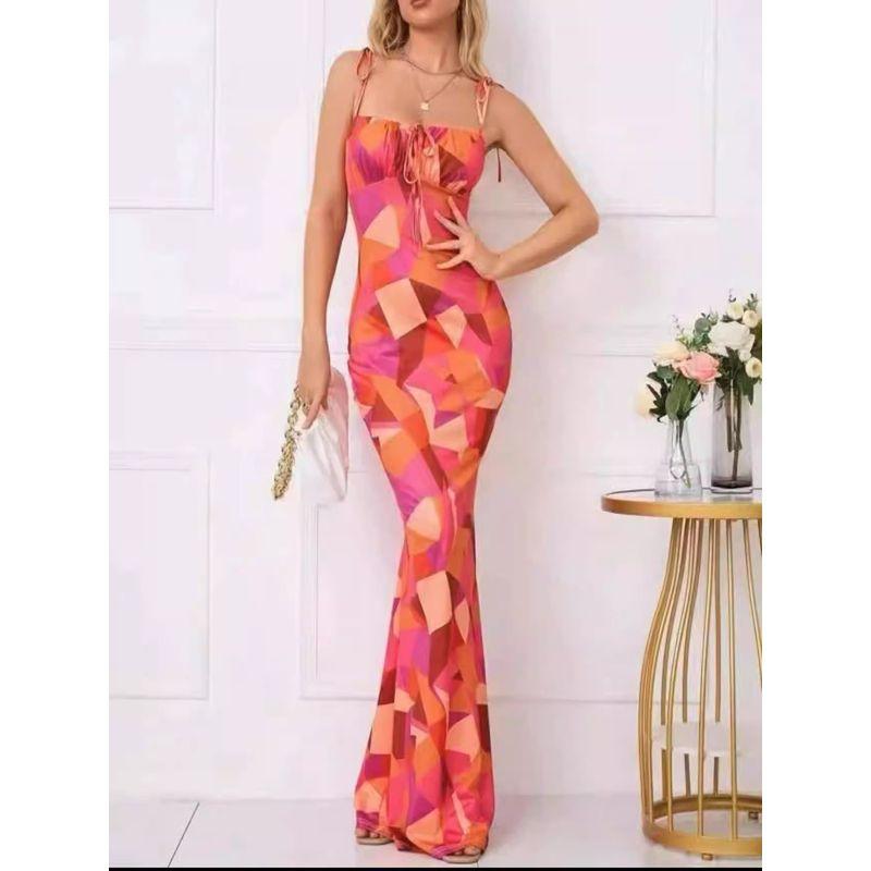 Export Pure Desire Exquisite Print Spaghetti Straps Slimming Adult Lady Like Woman Fishtail Stylish Fashion Sexy Banquet Tied Dress