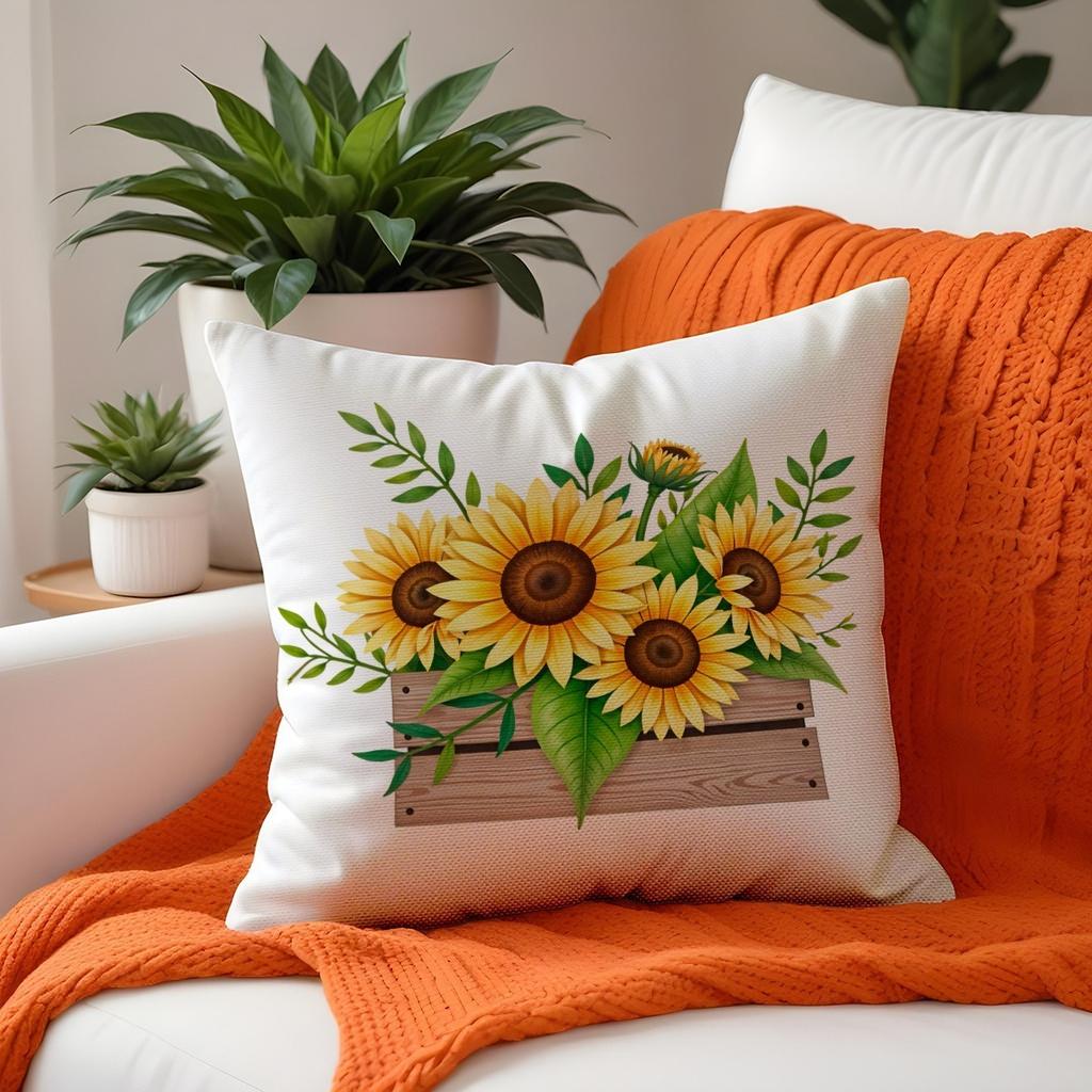 Oil Painting Sunflower Cushion Cover 2D Peach Skin Pillow Case Butterfly Blue Sky Decorative Throw Pillows For Sofa Living Room