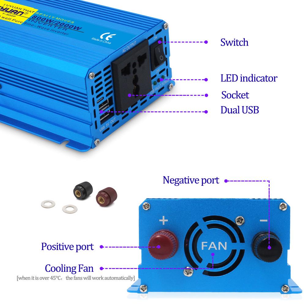 Tuyang Pure Sine Wave Inverter 800W/2000W, 12V/24V to 220V-240V for Car/Home/Solar Use.