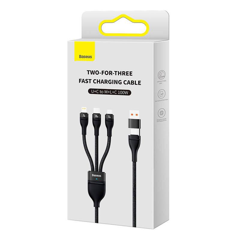 Baseus Flash Series 2 3-in-1 USB Cable, USB-C + Micro USB + Lightning, 100W, 1.2M (Black)