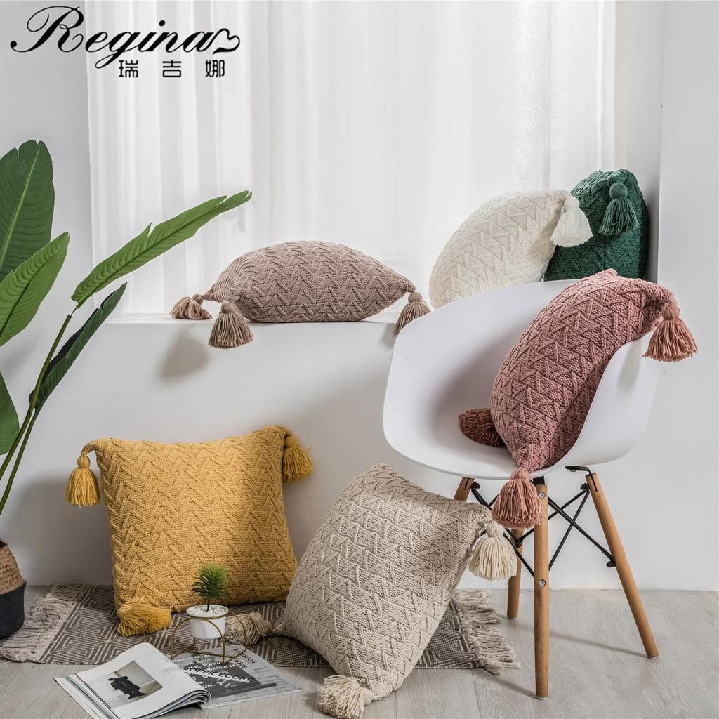 REGINA Cute Tassels Chenille Pillow Case Nordic Bed Knitted Pillow Cover Fall Home Decorative Pillowcase Sofa Soft Cushion Cover