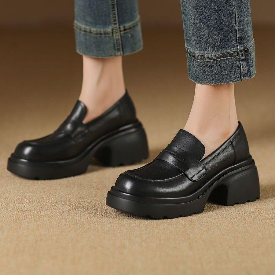 Coarse heel platform loafers women's 2025 early autumn new versatile deep mouth height increase lightweight brown one-pedal small leather shoes