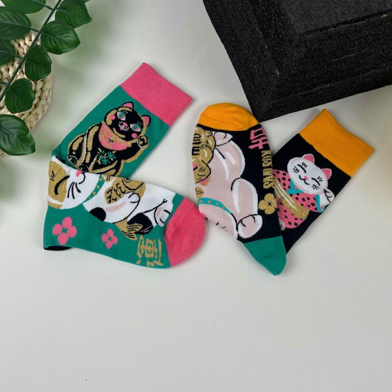1 Pair Cartoon Lucky Cat AB Style Personalized Fashion Men's Mid-calf Socks Suit In All Seasons