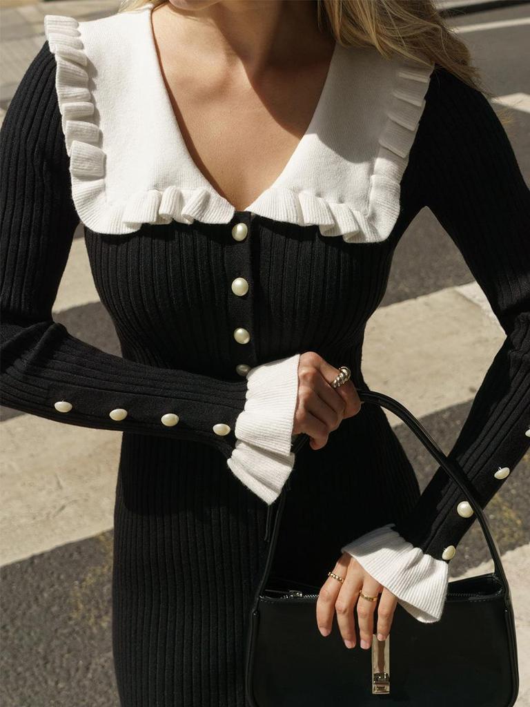 Retro Woolen Ruffle Knitted Dress: European and American French Style for Autumn and Winter