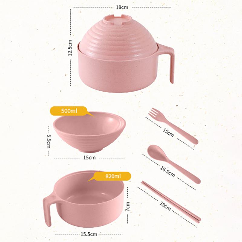 5Pcs Wheat Straw Multifunctional With Lid Bowl Spoon Fork Chopsticks Eating Dinnerware Set Anti- Bowl Microwavable Bowl