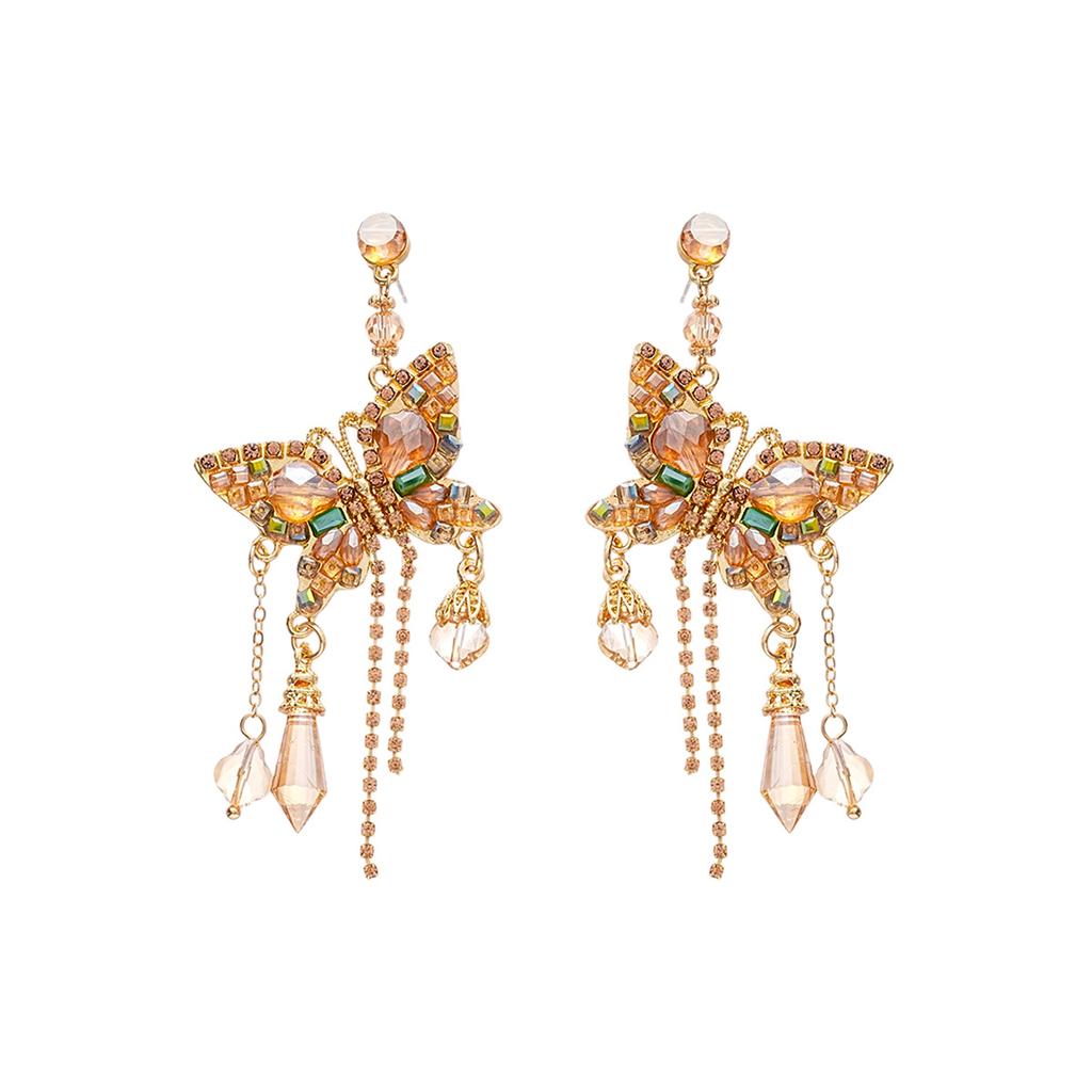 Silver Needle European and American Exaggerated Diamond-encrusted Butterfly Tassel Earrings Light Luxury Premium Earrings Holiday Temperament Earrings