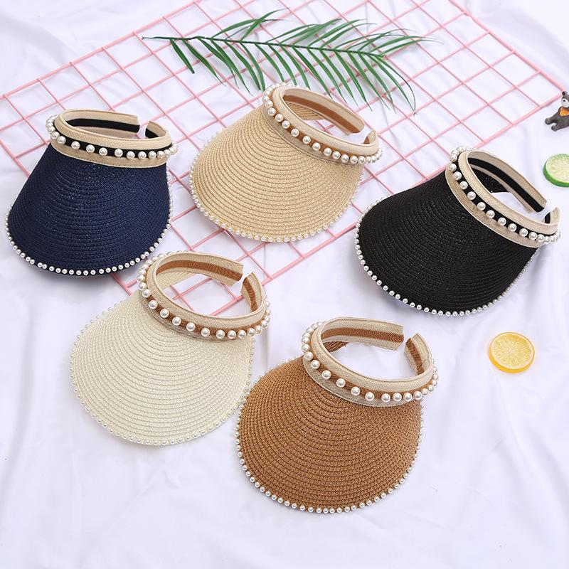 Empty Top Straw Hat Women'S Summer Sun Protection Hat Pearl Headband Hat Outdoor Sports Travel Fashion Sun Hat
