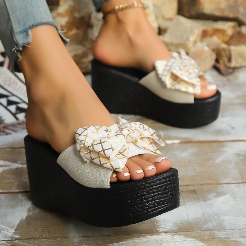 Summer Bow Platform Slippers Wedges Women Sandals 2025 New Super High Heels Trend Shoes Beach Woman Flip Flops Pumps