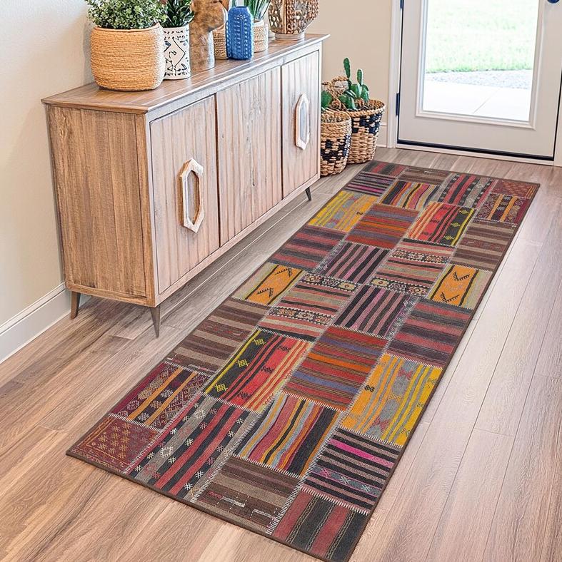 Vintage Patchwork Läufer Teppich Boho Ethnisch Geometrisches Muster Matte Bunter Gestreifter Teppich für Wohnzimmer Schlafzimmer Eingangsbereich Dekor