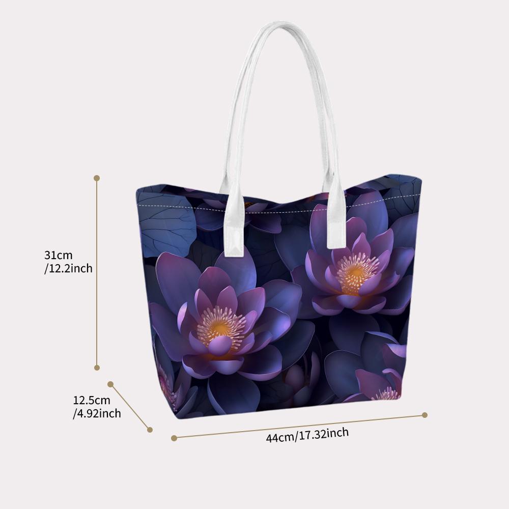 Purple Lotus Print Tote Bag Elegant Casual Daily Carry Handbag for Women