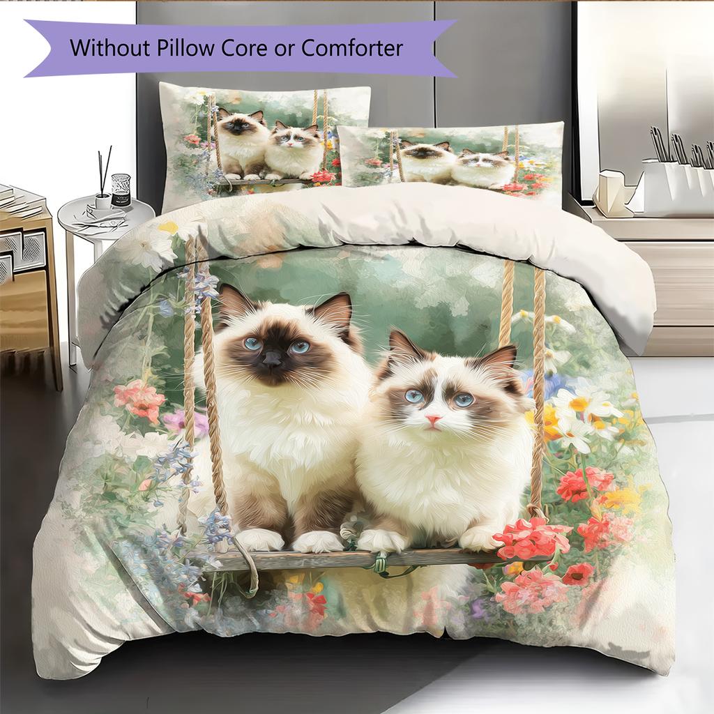 Ragdoll Cat and Fresh Flowers Pattern Bedding Home Decoration Birthday Gift (1 * Duvet Cover + 2 * Pillowcase, Without Core)