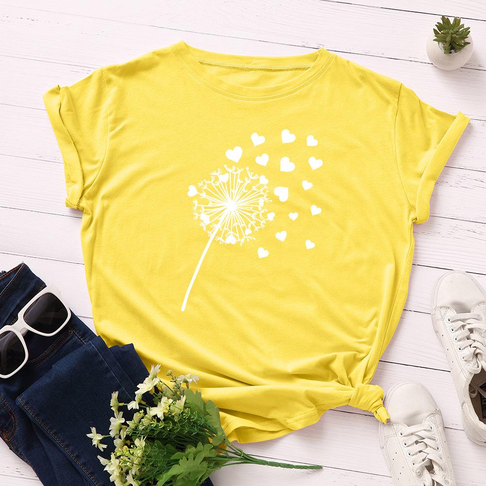Cotton Loose Round Neck Creative Dandelion Heart-shaped Short Sleeved Women's T-shirts