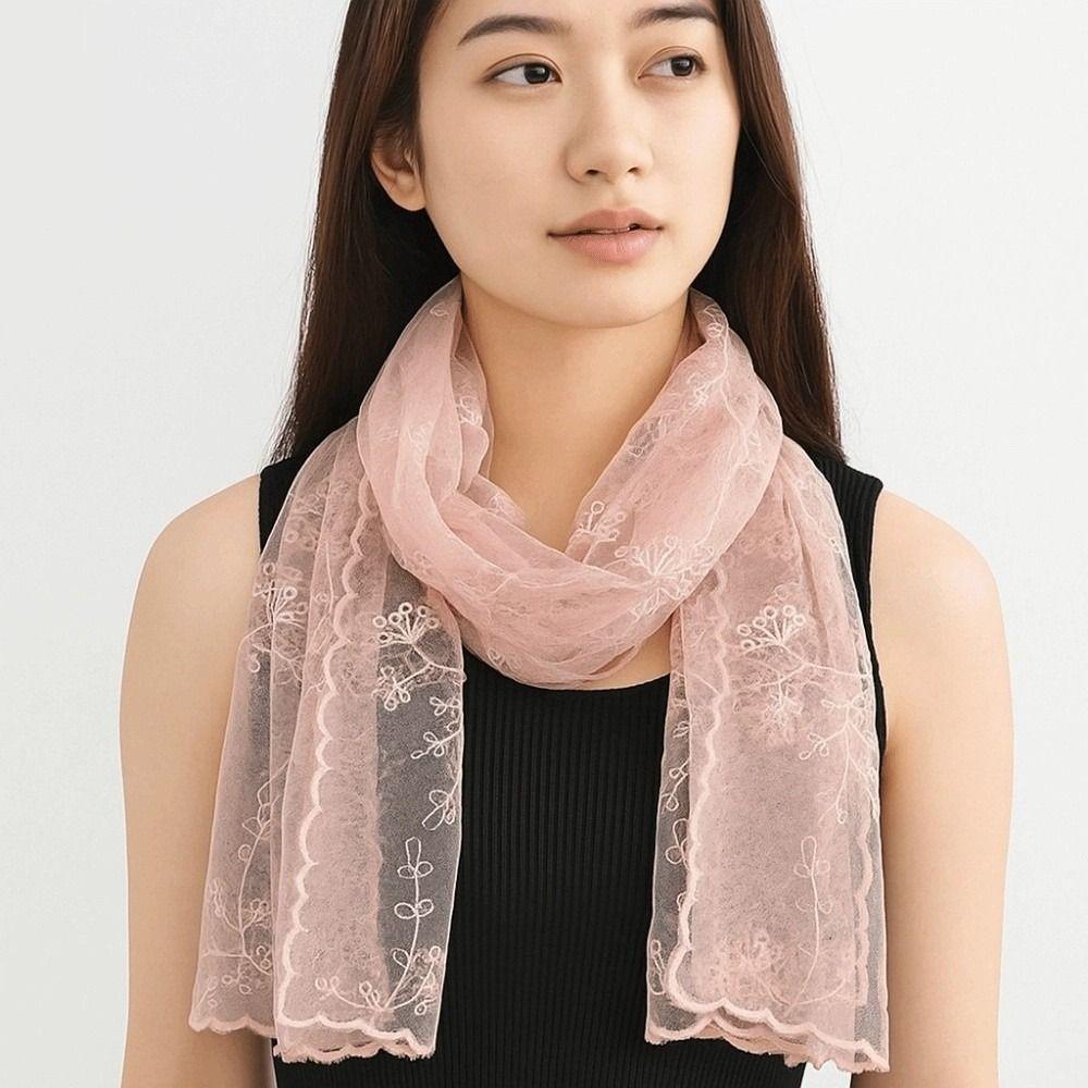 Breathable Spring Silk Scarf Polyester Long Hijab Scarf Headband Embroidered Flower Shawl  Vacation