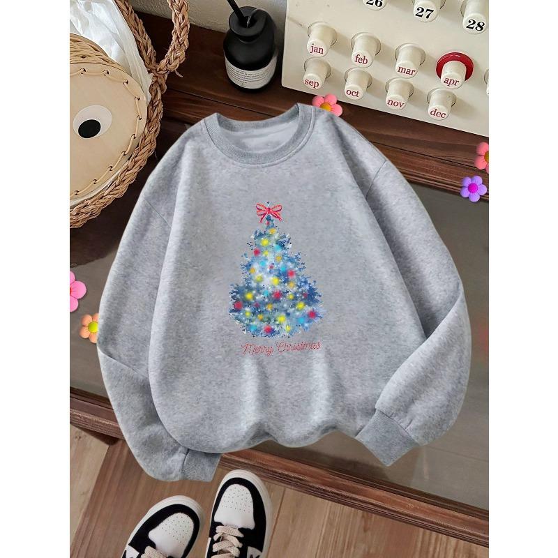 Kids Crewneck Sweatshirt, Blue Christmas Tree Print, Casual Tops for Fall & Winter
