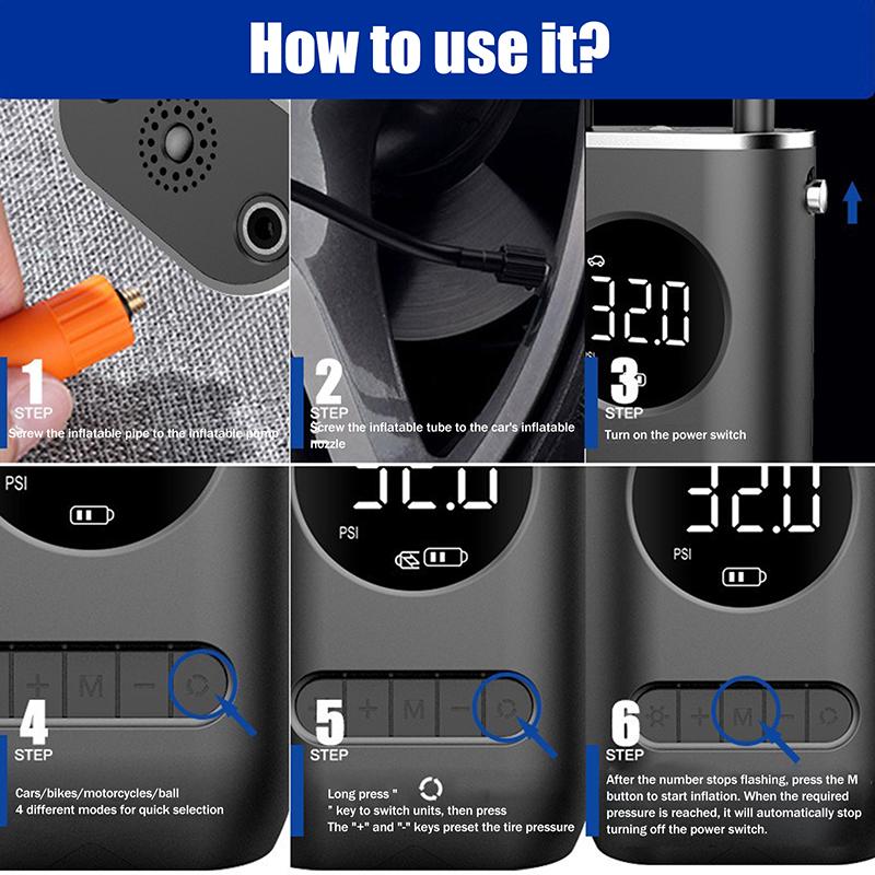 Portable Tyre Inflator Digital Air Pump, Cordless Air Compressor With Led Light, 150 Psi Rechargeable Tyre Pressure Pump