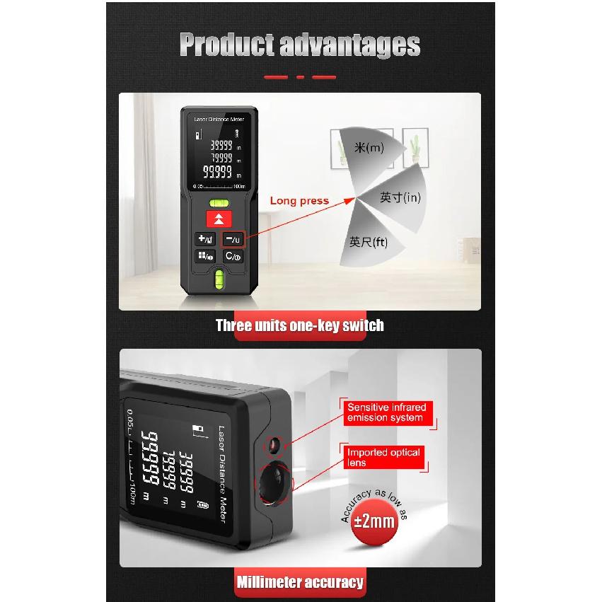 BOAYAL Laser Distance Meter with 2 Bubble Levels 164ft 50m 60m 70m 100m Digital Laser Tape Measure Measuring Devic