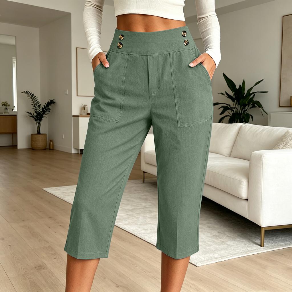 Women's Loose Fit Straight Leg Elastic Waistband Beach Capri Pants Casual Cropped Trousers with Button Detail and Side Pockets