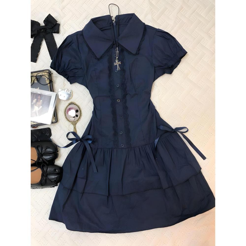 

Vintage outfits, preppy lace trim stitching, blue retro casual temperament shirt dress, vintage style skirt S- (can be worn within 45kg) Темно-синій