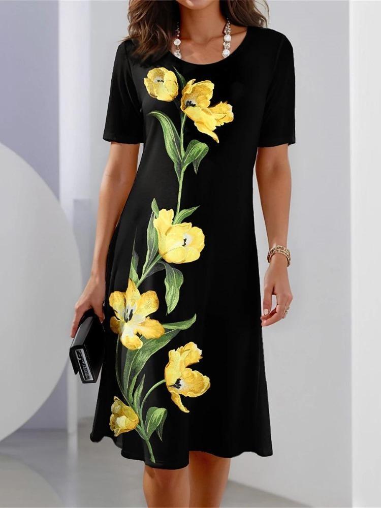 Vintage Floral Print Summer Dress for Women Long Sleeve Comfortable Knee Length Casual Dress with Pockets O Neck
