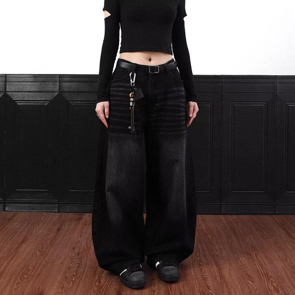 ZYLLO Y2k Vintage Czarne Dżinsy z Haftem Literowym Prane Harajuku Szeroka Nogawka Amerykańskie Retro Szabla Denimowa Spodnie Baggy Casual