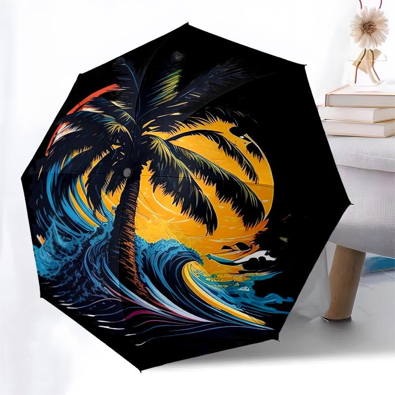 1pc Ocean Wave Sunset Palm Tree Surfing Umbrella with Plastic Handle,Compact & Stylish,Cartoon Pattern,Outdoor UmbrellaPT447