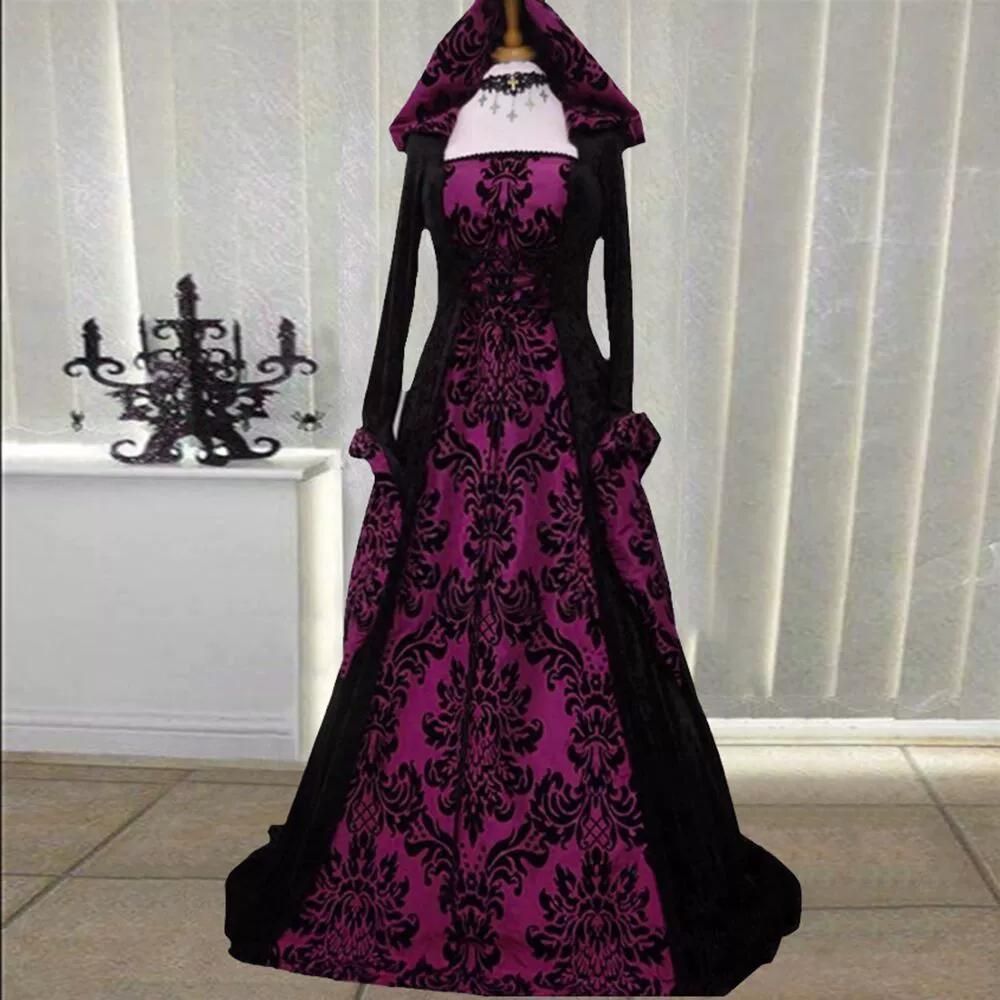 Retro Literary Long-sleeved Lace-up Waist Hooded Big Swing Dress Printed Palace Dress Skirt