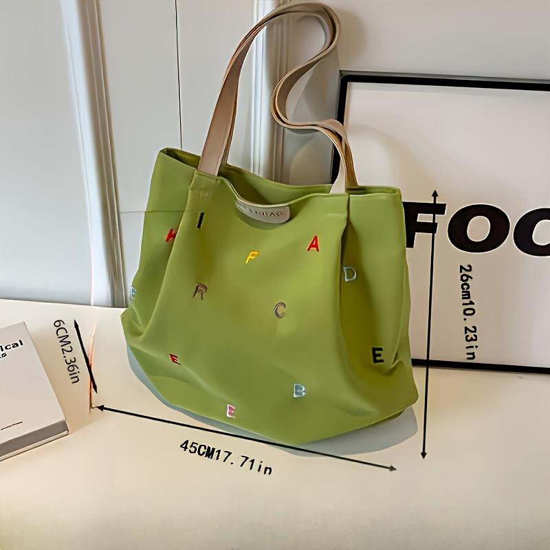 2024 New Women's Large Capacity Tote Bag - Embroidered Letter Design, Zipper Closure & Wrist Strap, Durable Black with Oil-Edged Finish for Work