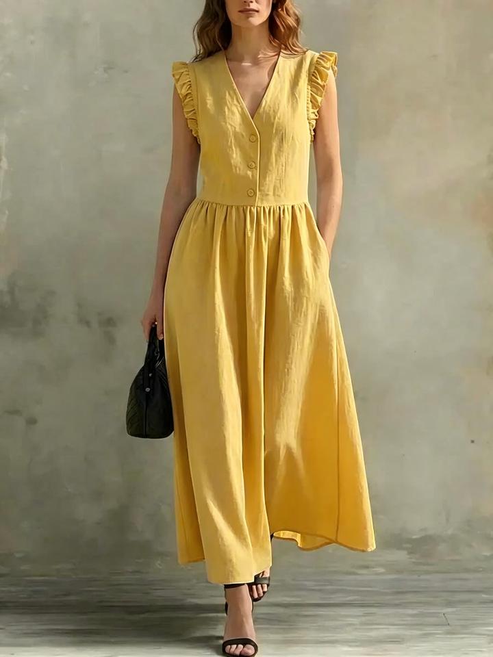 

Women s V Neck Ruffle Sleeveless Button Front High Waist A Line Midi Dress Casual Vacation Sundress With Pockets XL
