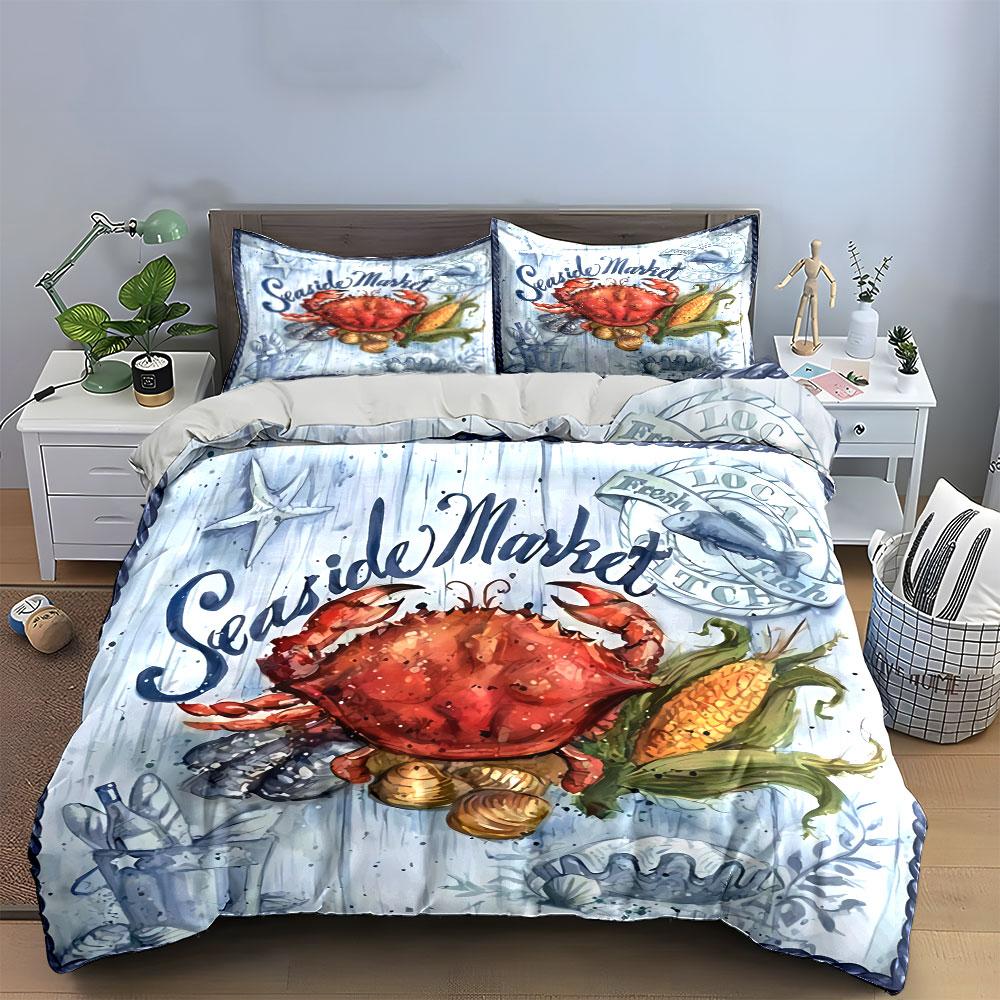 Seaside Market Crab Design Bedding Duvet Cover Set Duvet Cover Pillowcases  (1*Duvet Cover 2*Pillowcases, Without Duvet Insert)