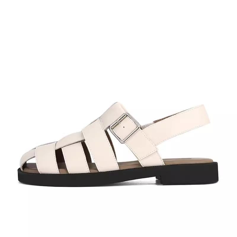 Leather flat bottom square head Roman sandals women's summer 2025 new French retro woven baotou pig cage shoes soft sole tide