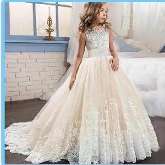 Elegantes Prinzessinnenkleid mit Puffärmeln und Spitze für Mädchen - Formelles Hochzeits-Blumenmädchenkleid mit Schleppe