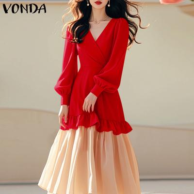 Women Elegant V-Neck Lantern Long Sleeve Contrast Color Ruffle Hem Dresses