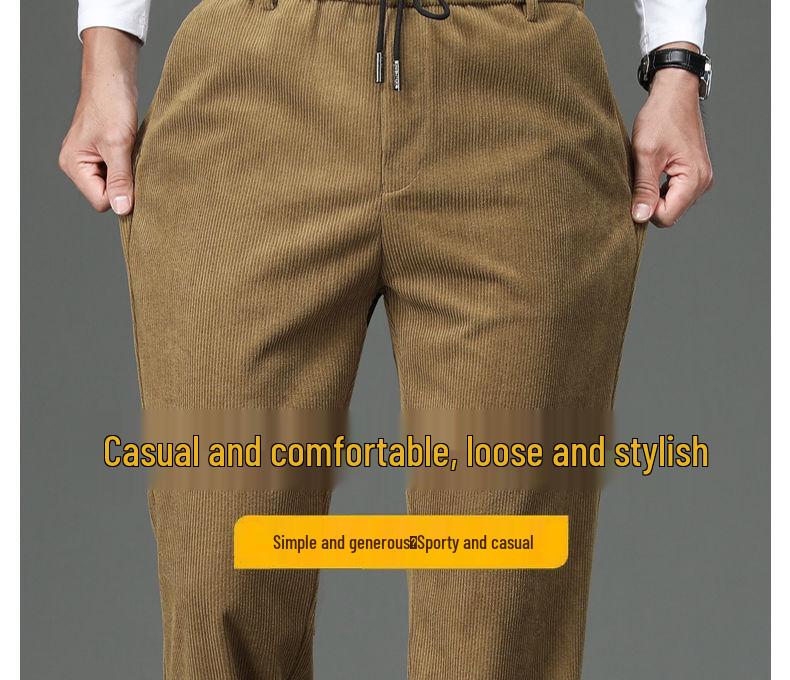 Romon Men's Fleece-Lined Corduroy Pants, Thickened Elastic Waist, Autumn/Winter Warm Casual Style.