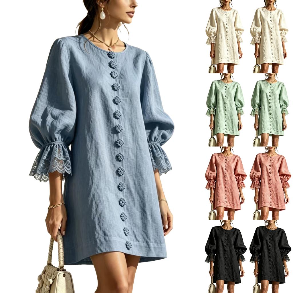 Women's Puff Sleeve Lace Trim Casual Straight Skirt for Everyday Wear