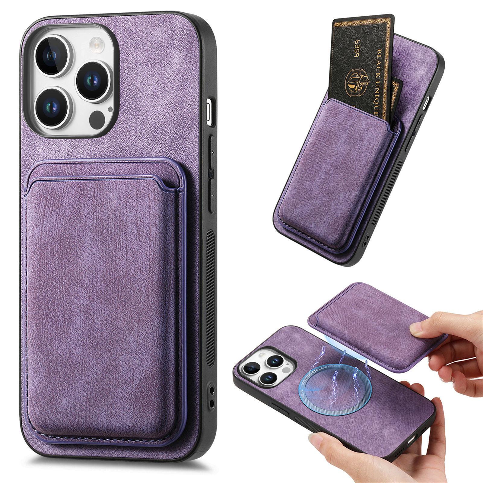 

For iPhone 16 Pro Case Compatible with MagSafe Leather Back Cover with Detachable Card Holder Purple