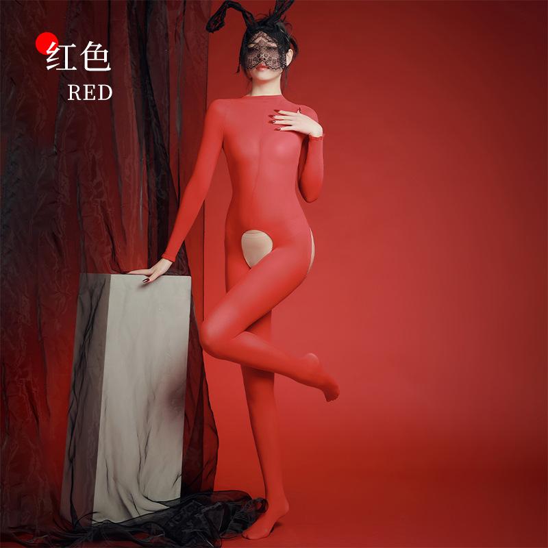 Sexy Backless Butt Open Crotch Jumpsuit Exotic Women'S Oil Shiny Glossy Bodysuit 10D High Elastic Tights Sheer Bodystocking