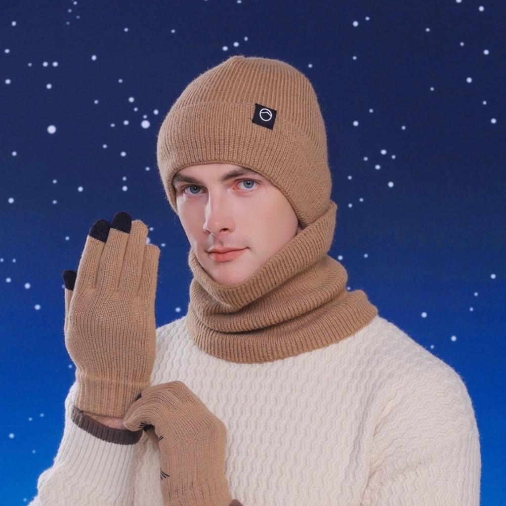 Warm Cap Winter Glove Cap Set Neck Warmer Solid Beanie Fashion Knitted Hat Gloves Scarf Men Male