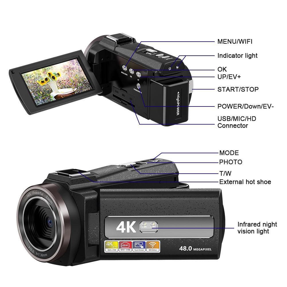 4K HD Handheld Camcorder with Image Stabilization for Outdoor Sports and DV Shooting