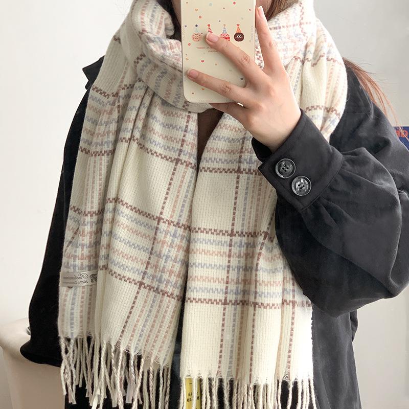 Winter Atmosphere White Scarf Women's Neck Warmer Plaid Winter Versatile Autumn Winter Warm