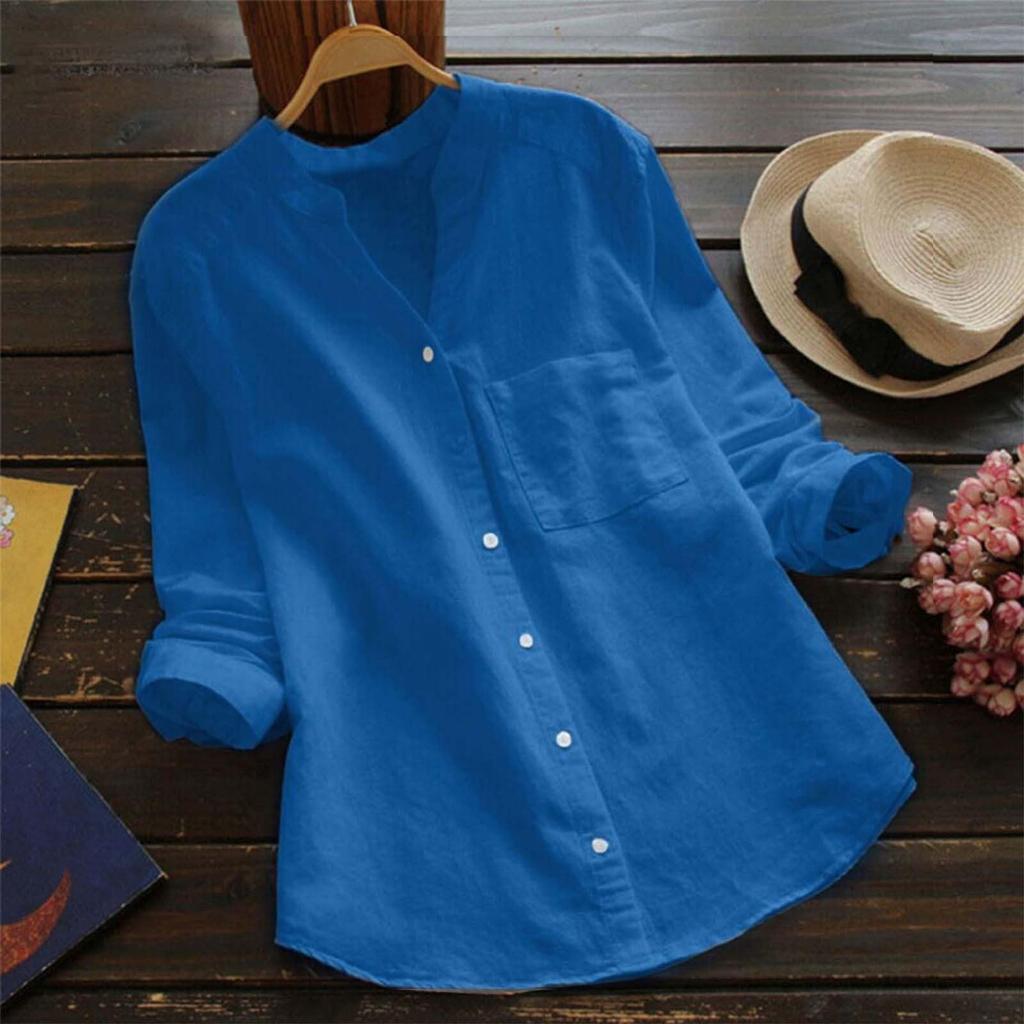 Women's Fashion Casual Vintage Cotton Linen Blouse Loose Color Long Sleeve Blouse Tops