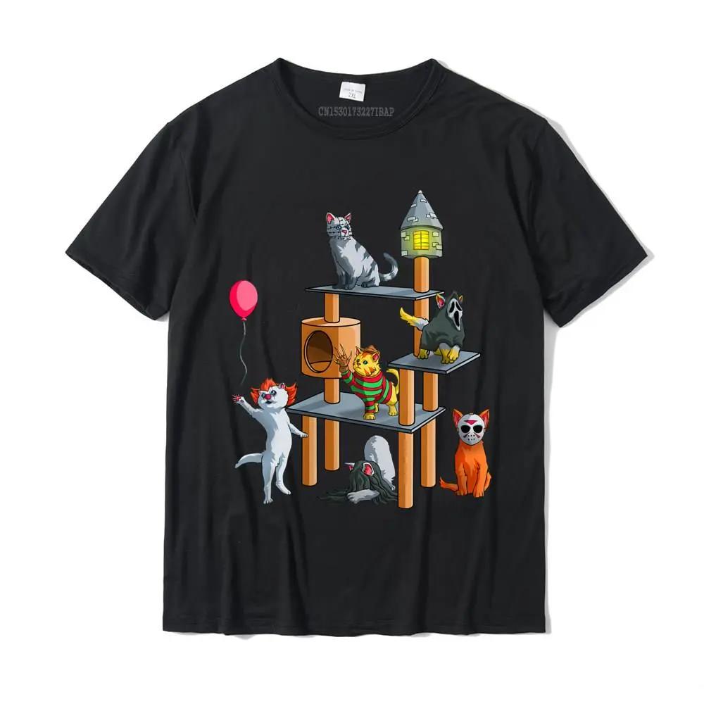 Funny Cat Horror Movies Cute Halloween for Cat Lovers T-Shirt Funny Comfortable Top T-shirts Cotton Men Tops