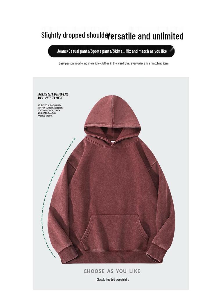 350g Vintage Washed Men's Hoodie - EU Size, Drop Shoulder, Solid Color, Thickened, Heavyweight