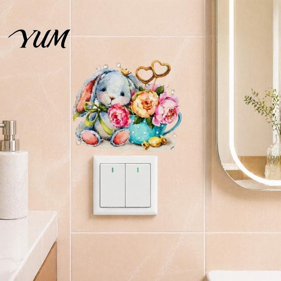 Watercolor Rabbit Wall Decals & Flowers Light Switch Sticker, Cute Bunny Peel And Stick Decal, Creative Home Interior Decor PVC Waterproof Art Decors