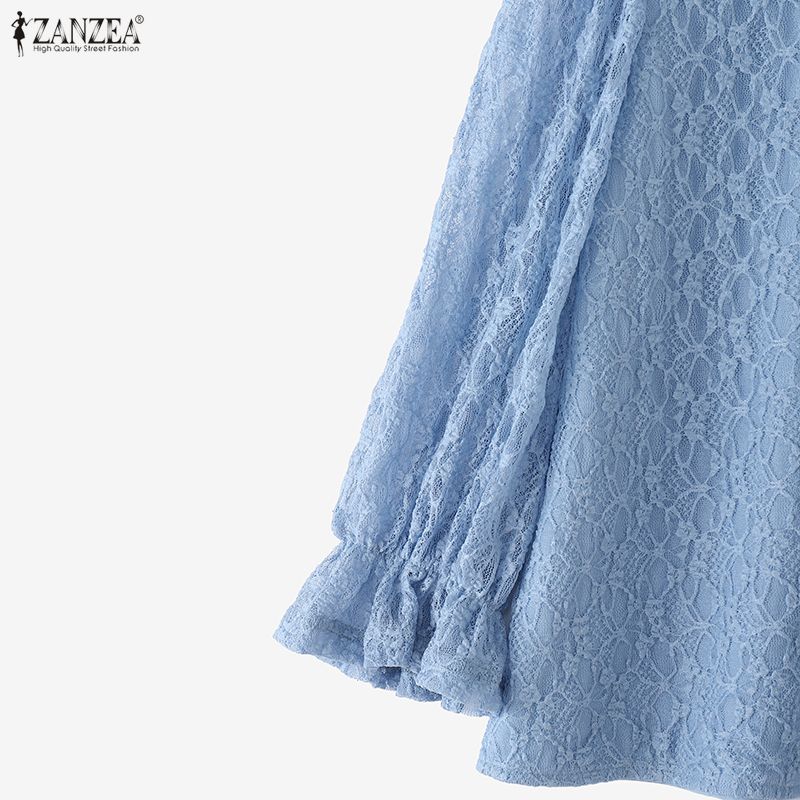 ZANZEA Women Casual Stand Collar 3/4 Sleeve Patchwork Lace Blouse