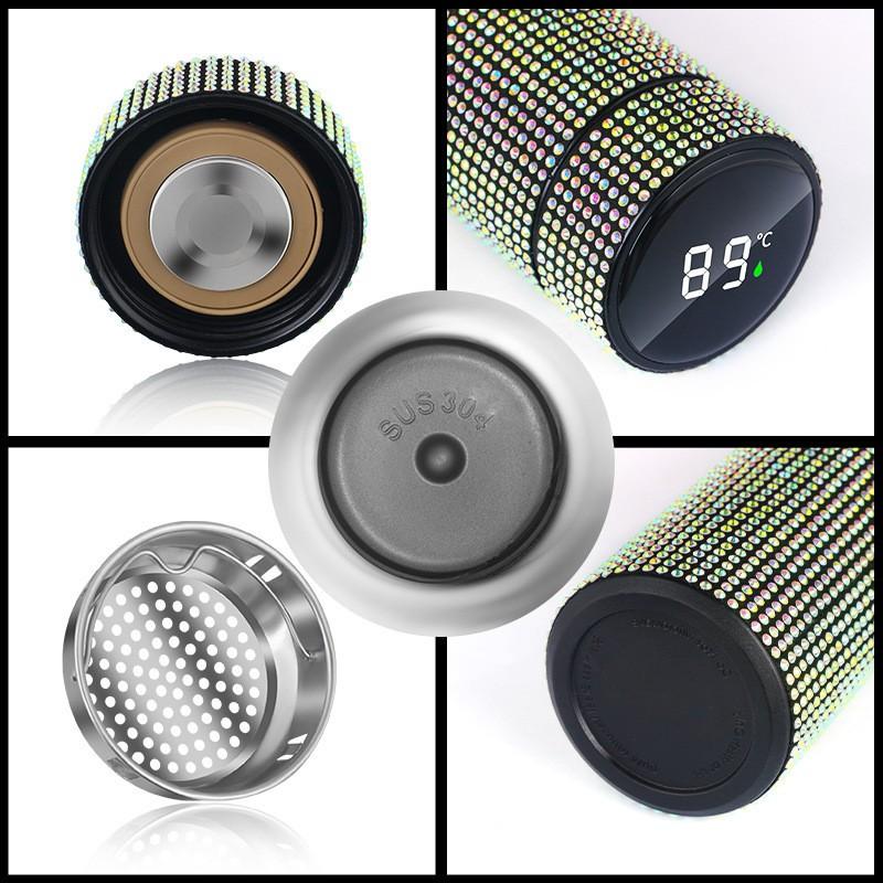 Stainless Steel Temperature Display Insulated Tumbler With Rhinestone Decor 500ml Straight Design Travel Cup Office Car
