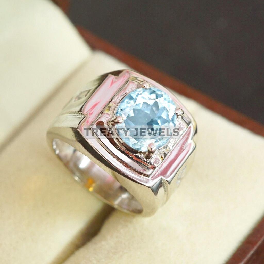 Aquamarine Oval Cut Gemstone With 925 Sterling Silver Ring For Men's #A738 JL375659044904